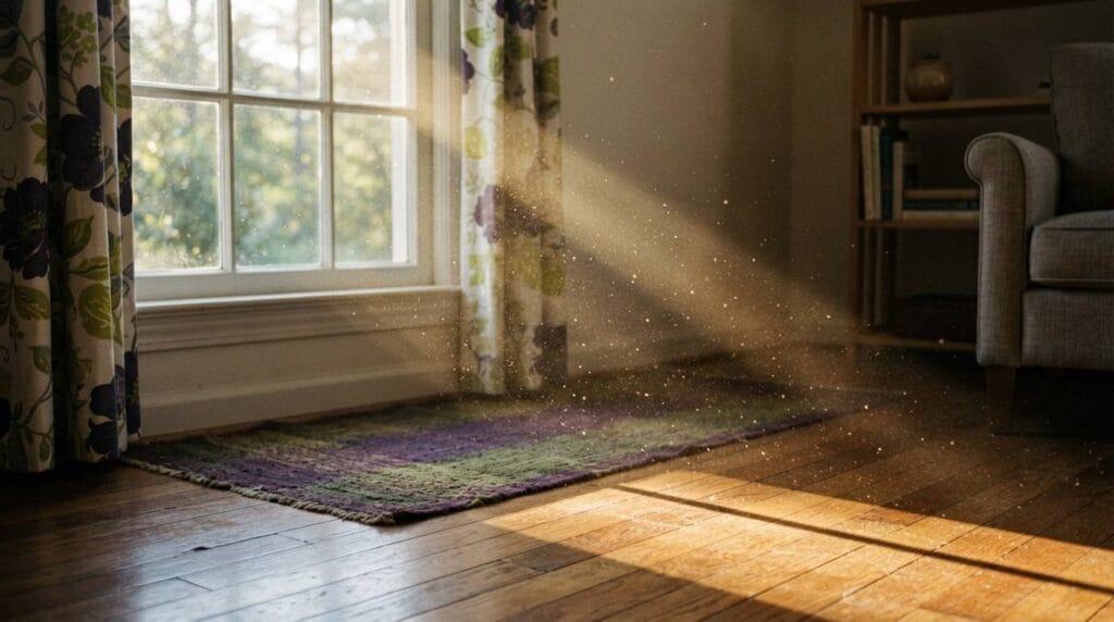 Sunbeam with visible dust particles in a Raleigh NC home, illustrating the Cura Maids deep dive into why Triangle homes accumulate dust faster than average