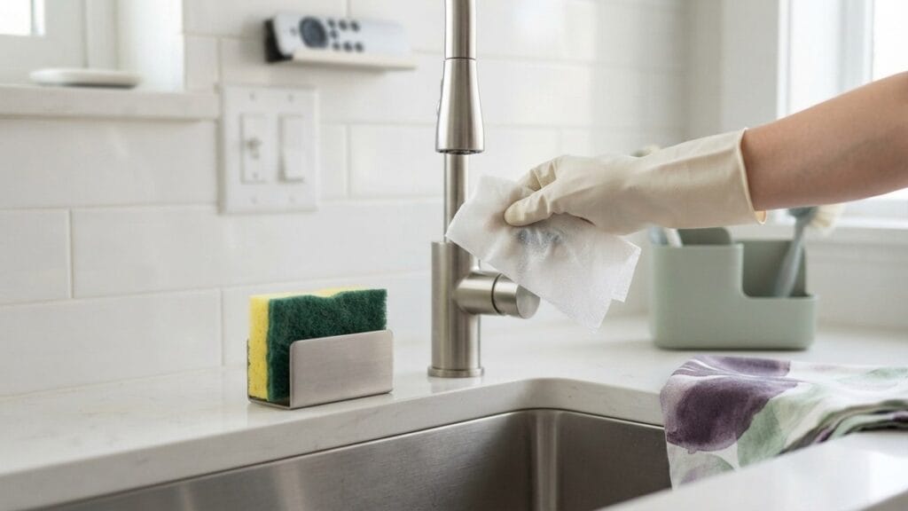 Gloved hand disinfecting a kitchen faucet handle, representing Cura Maids' germ hotspot report for flu season