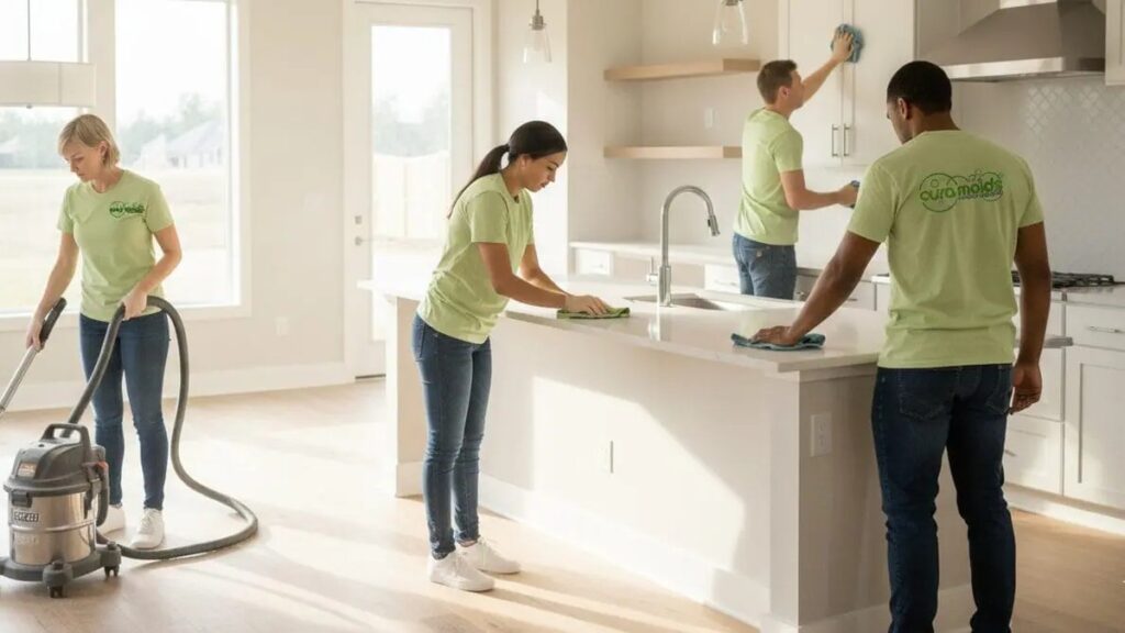Cleaning team vacuuming the floor and wiping counters and cabinets in a newly remodeled kitchen in a Holly Springs, NC home