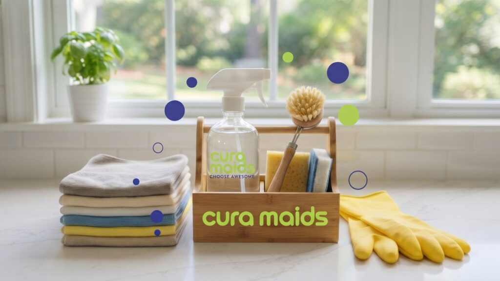 Microfiber cloths, spray bottle, scrub brush, sponges, and yellow rubber gloves in a Cura Maids caddy on a kitchen counter in a Fuquay-Varina, NC home