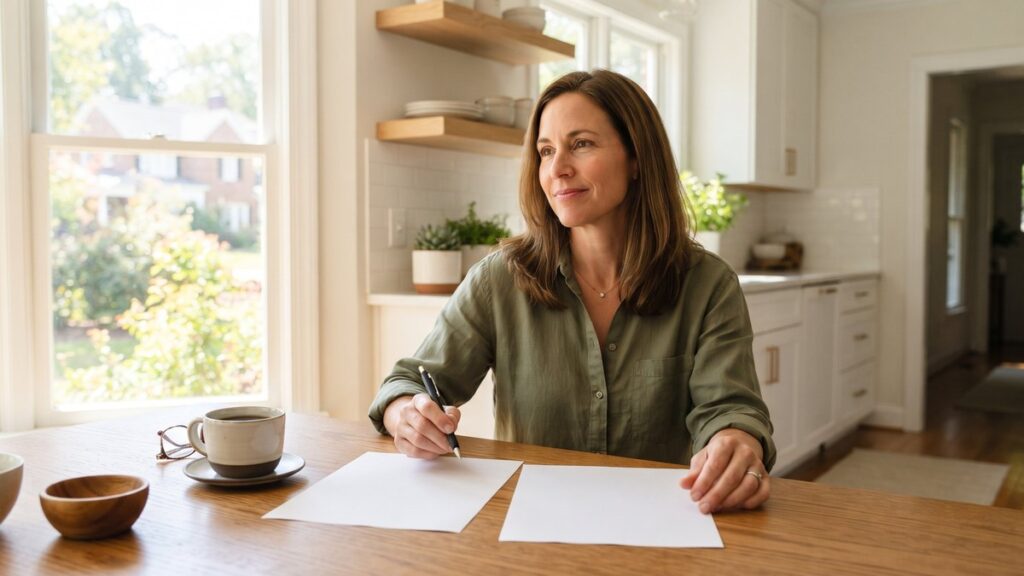 Homeowner at a kitchen table with a pen and two sheets of paper, thinking over cleaning options in a sunny Durham, NC home