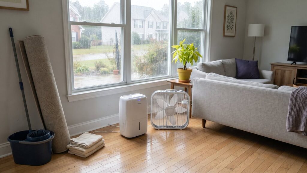 Dehumidifier and fan drying a living room floor after storm water in a Cary, NC home